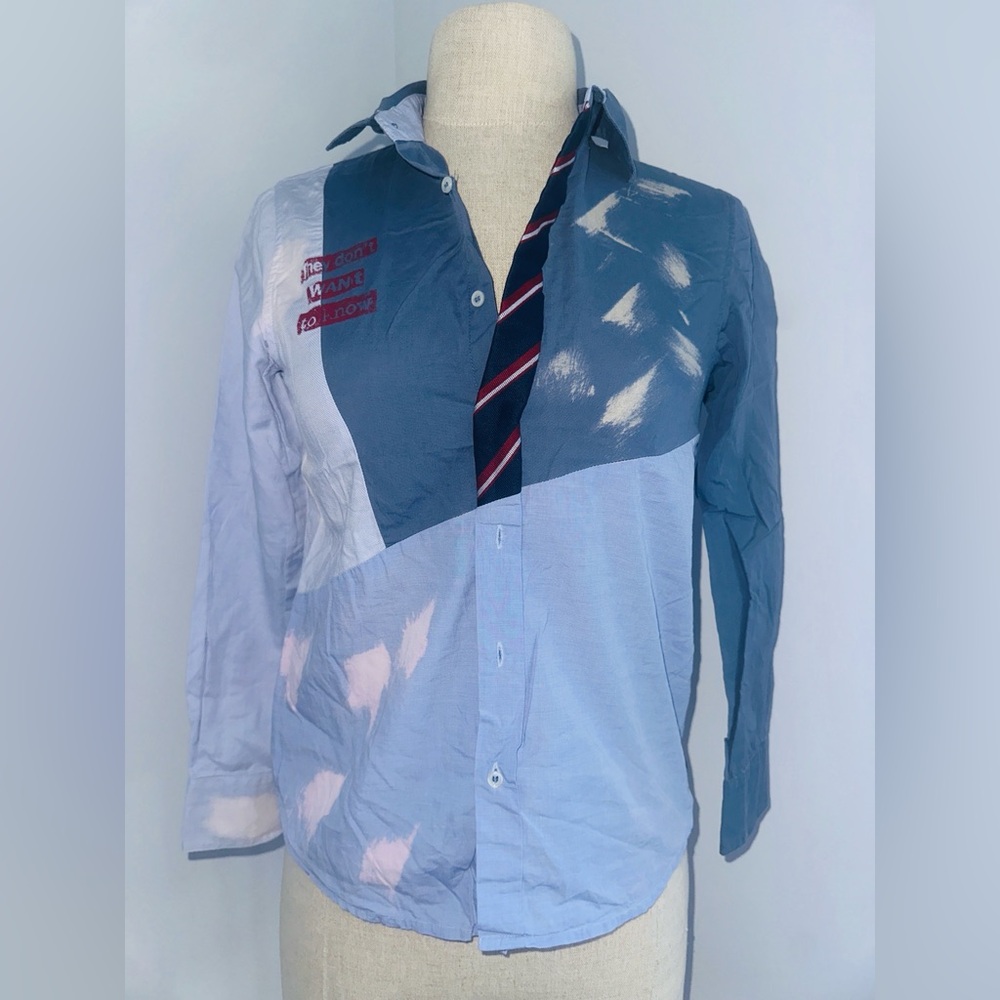 IKKS: Blue Patchwork Button-Up Shirt